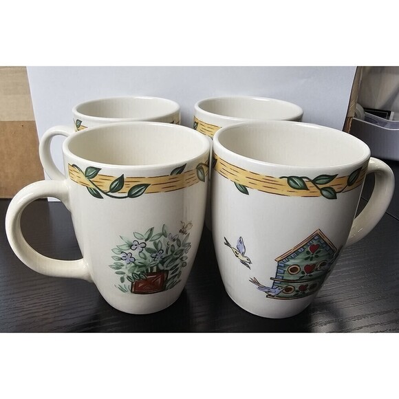 Thomson Pottery Birdhouse Mugs Vine Border Set of 4 - Picture 2 of 9
